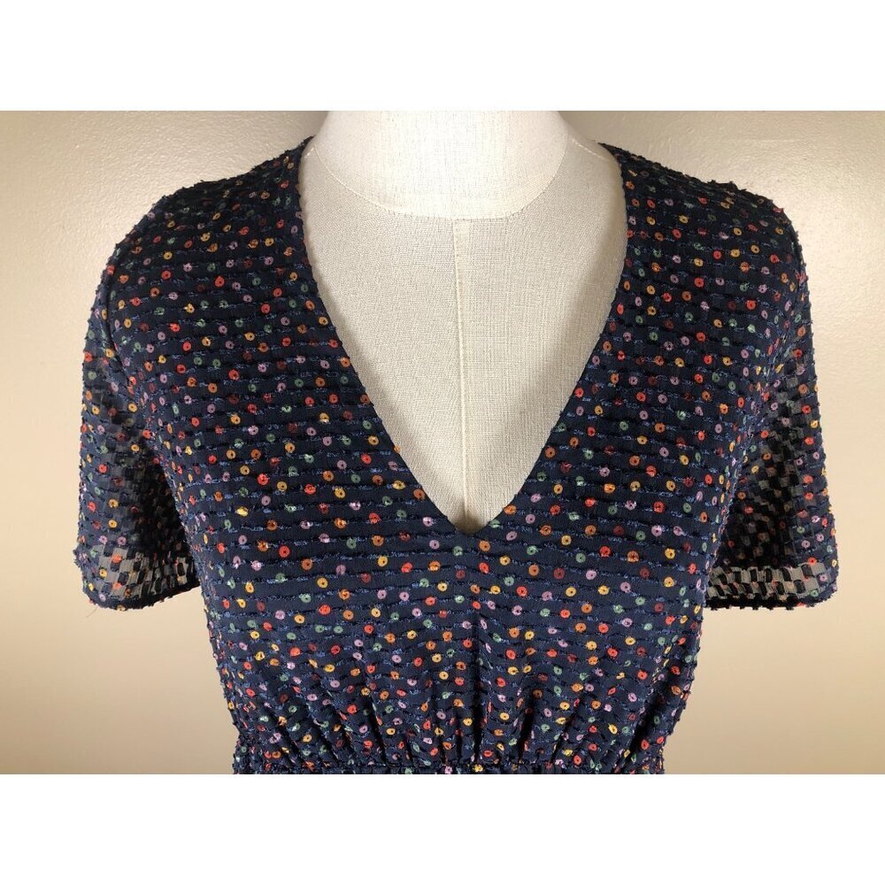 Madewell Flutter Sleeve Ruffle Hem Navy Dress in Sugar Dot - Size 10 - Picture 4 of 12